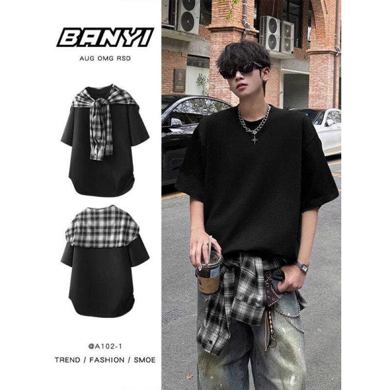 Americano high Street xadrez xale camiseta masculina verão high-End sentimento bonito de manga curta destacável cortina