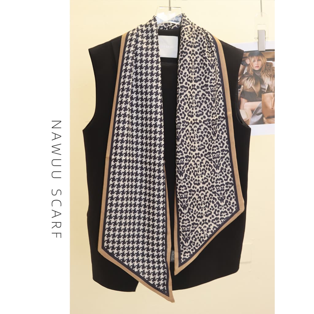 Leopardo impressão Houndstooth dupla face imitação de lã de seda cachecol feminino primavera outono inverno fita longa H