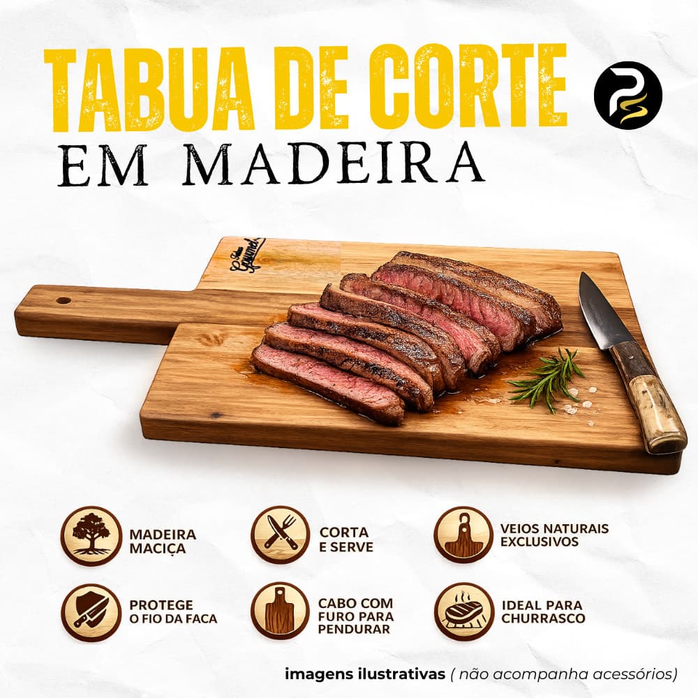 Tábua de Churrasco em Madeira Maciça | Grande com Cabo ou Pequena sem Cabo | Gourmet