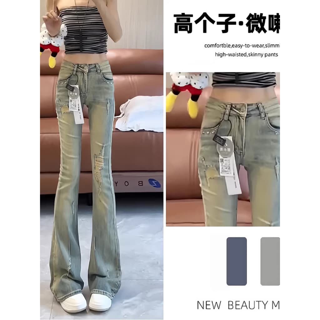 Retro alto Extra longo versão Design rebites cintura baixa All-Match Jeans feminino quente menina americano rasgado calç
