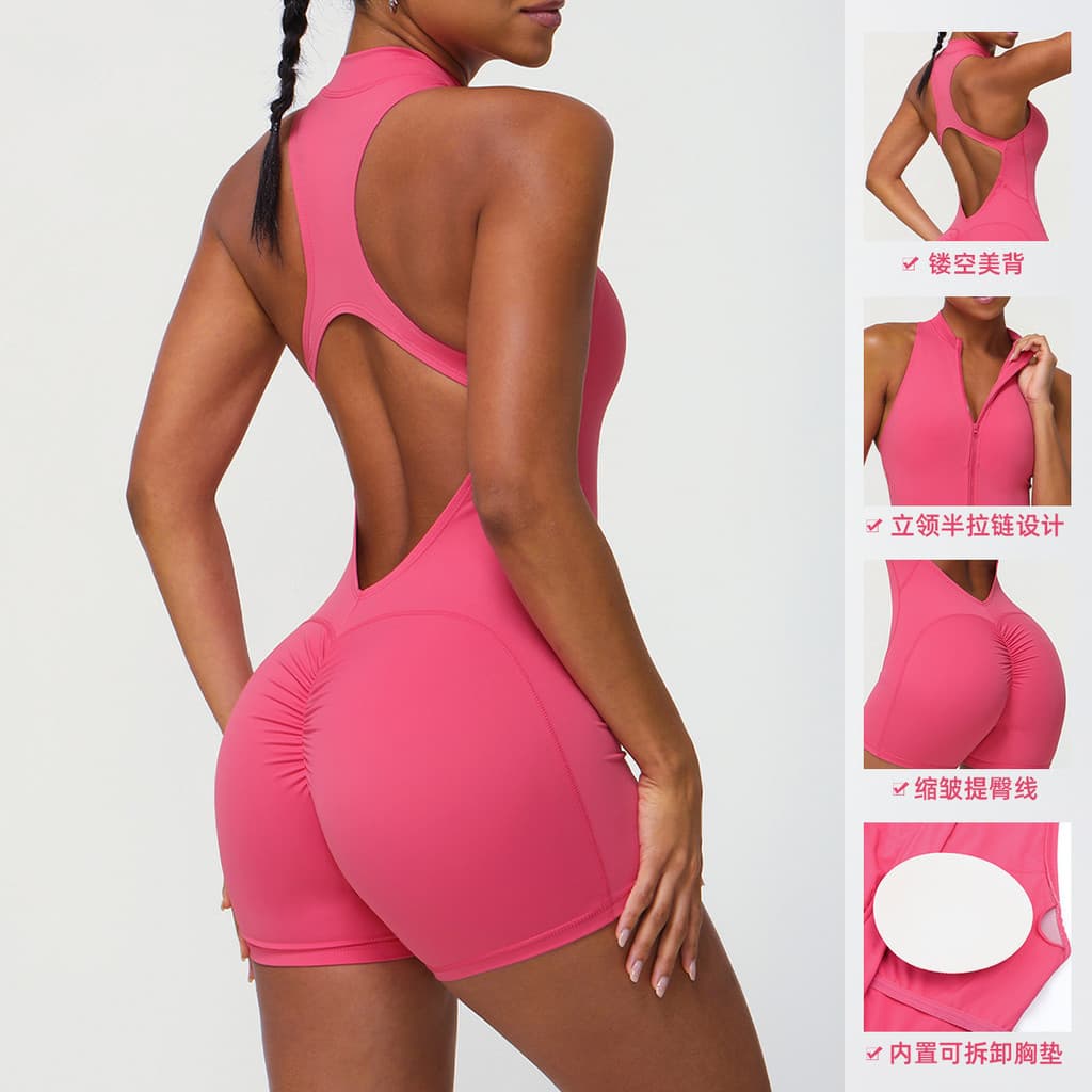 Macacão de fitness sem costura, ajustado e com zíper, com efeito de bumbum pêssego, roupa de yoga integrada.