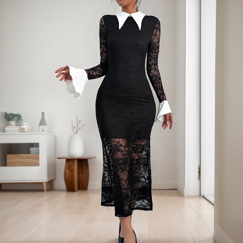 Vestido longo patchwork2025 vestido feminino com costura de renda preto branco contraste cor lapela vestido longo Slim f