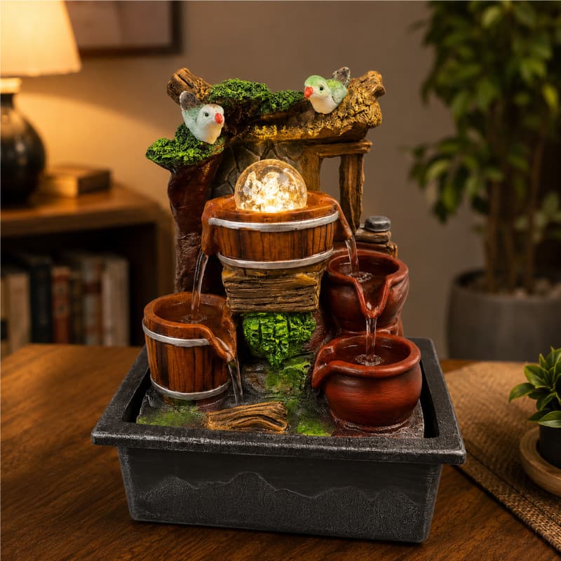 Fonte Decorativa de Mesa Cascata Água com LED Bola Cristal