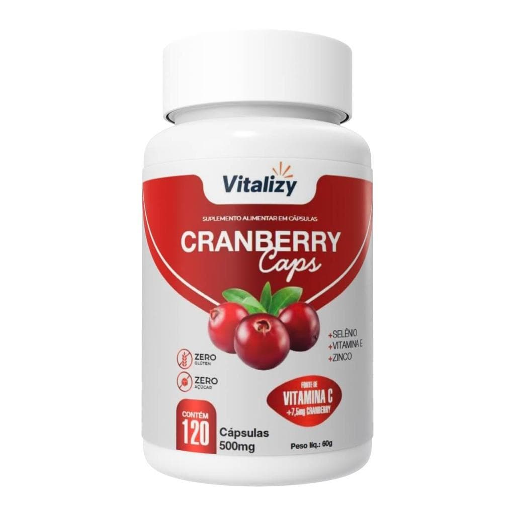 Cranberry 120 Cápsulas 500mg Vitamina C + E Zinco Selênio Alto Teor Original Vitalizy