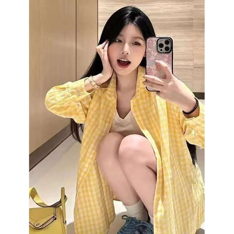 Amarelo preguiçoso estilo camisa xadrez de manga comprida mais magro olhar solto estilo Hong Kong Retro chique topo prim
