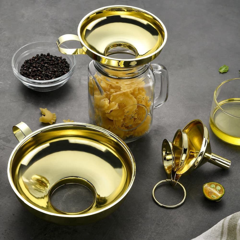 Funil de boca larga de aço inoxidável banhado a ouro, Mini funil doméstico de três peças para enchimento de salada, gelé