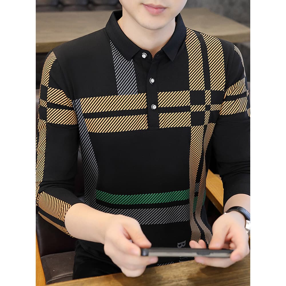 Primavera outono masculino de manga comprida camiseta 2024 novo estilo juventude moda lapela Casual roupas superiores na