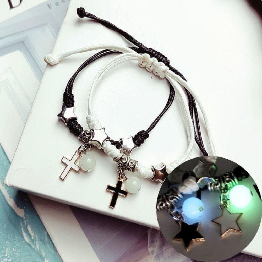 2 Peças Pulseira De Casal De Contas Luminosas , Conjunto De Ajustável De Corda Tecida , Cruz