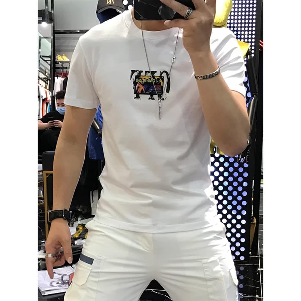 Estação europeia Street Wear carta impressão masculina de manga curta camiseta 2026 verão novo estilo mercerizado algodã