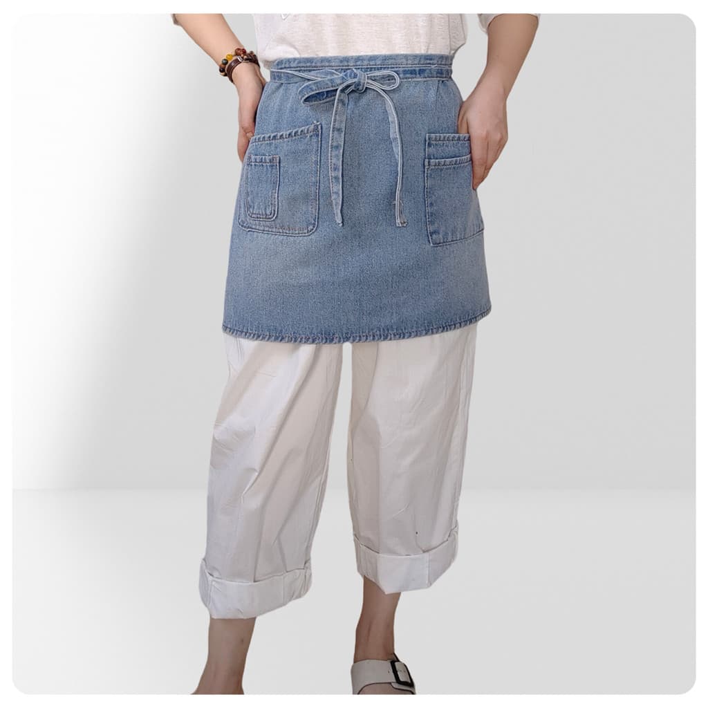Avental de meio comprimento à prova de óleo para cozinha doméstica, azul claro, jeans lavado, estilo ins, Design de nich