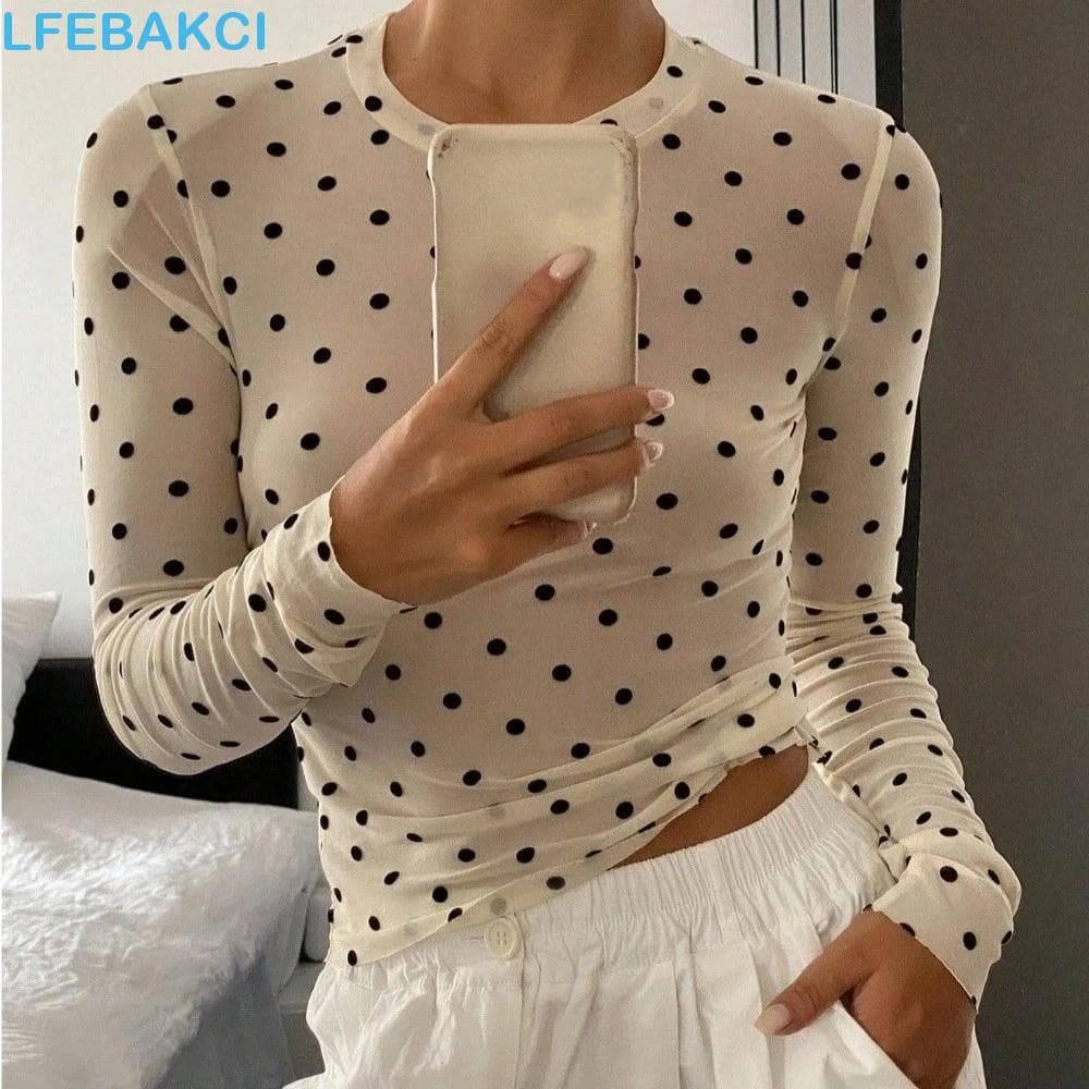 Camiseta De Bolinhas LFEBAKCI , Gola Redonda , Justa , Manga Comprida , Top De Malha Transparente Leopardo