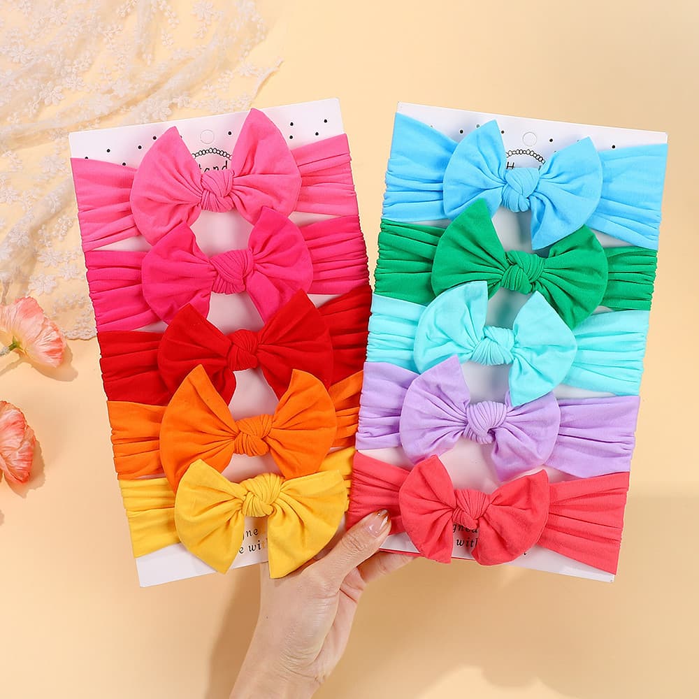 5 Pçs/Lote Brilhante Náilon Cor Sólida Bebê Bandana Conjunto 3.5 Polegada Bowknot Headties Boutique Headwear Não Danific