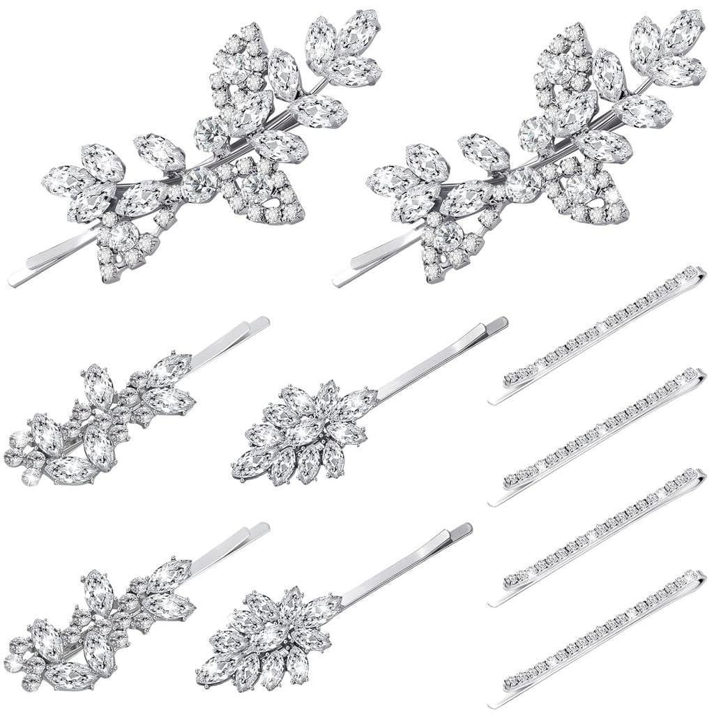 Janinka 10 Pieces Rhinestone Wedding Hair Clips Bridal Crystal Bobby Pins Silver Barrette Leaf Flower Wedding Elegant Ha