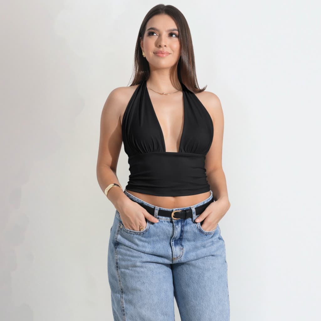 Blusa Feminina Top Halter Cropped Frente Ùnica Costa Nua Zero Transparência Moda Casual