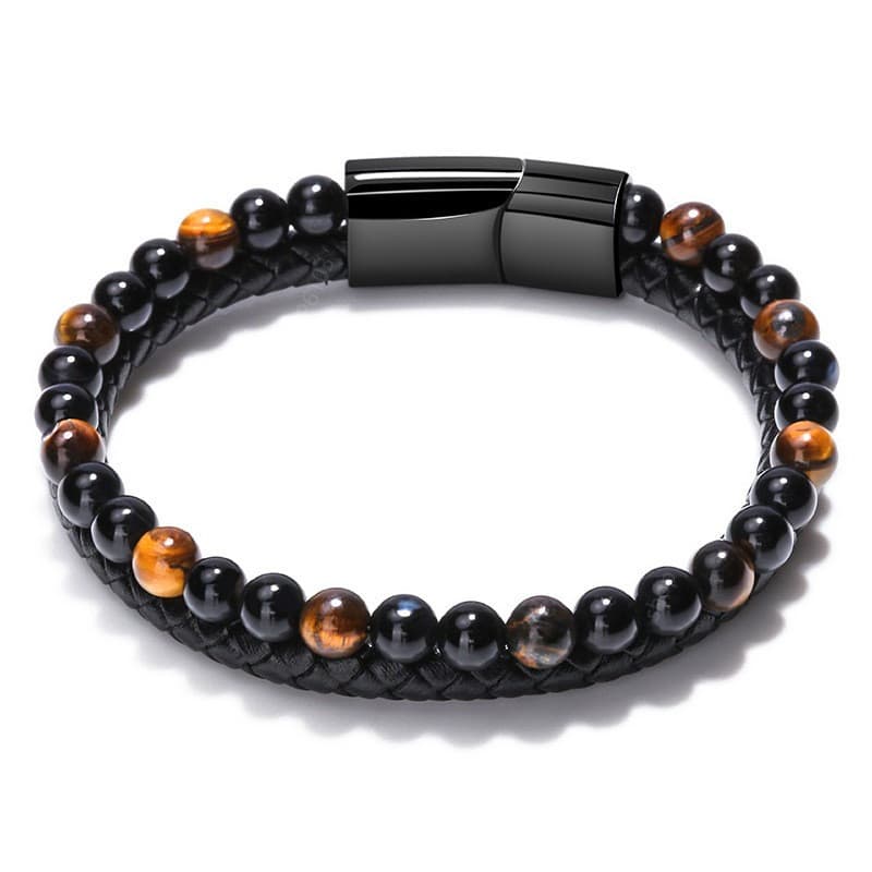 Pulseira Masculina de Pedra Olho de Tigre Natural e Pedra de Lava com Corda de Couro