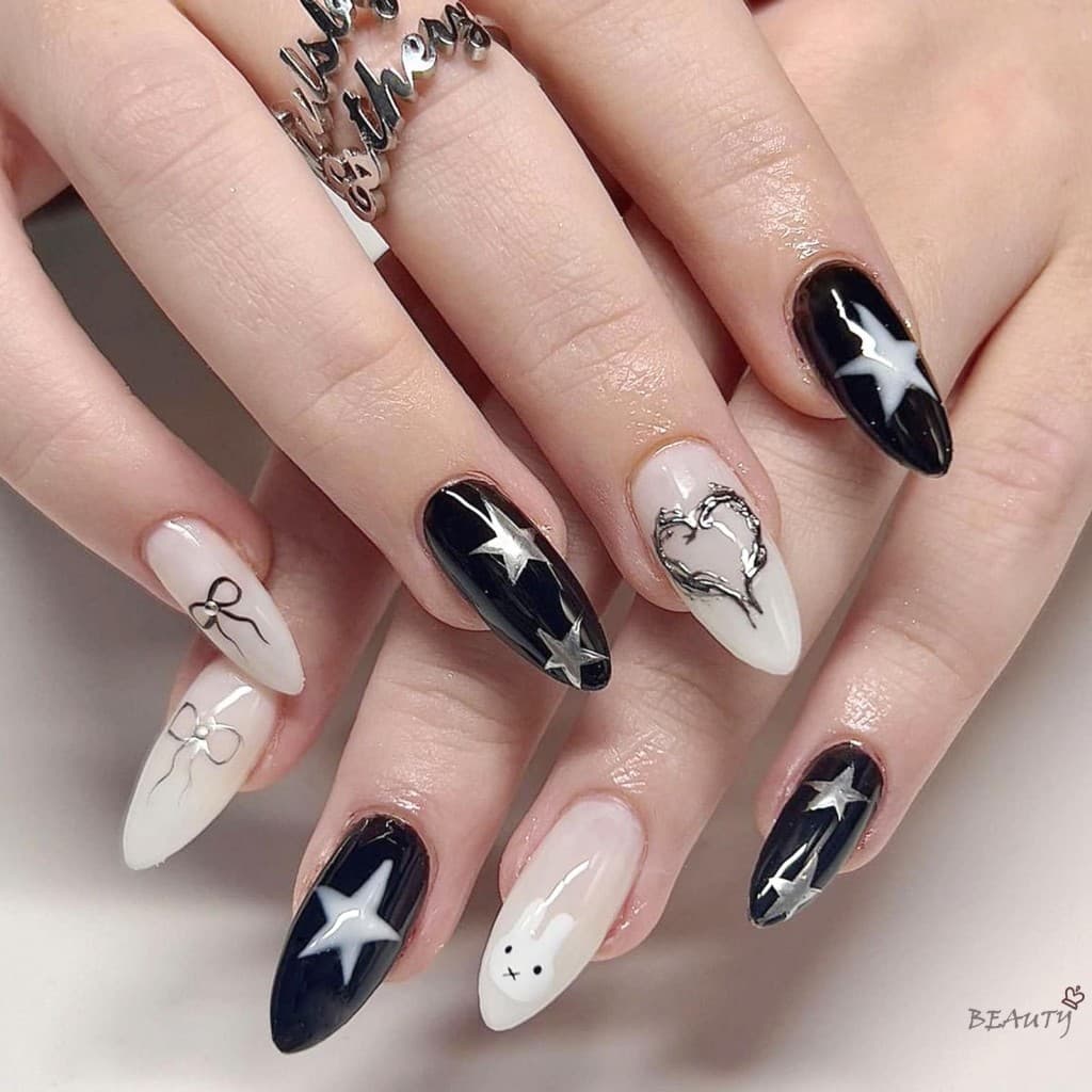 Unhas Falsas Brancas E Pretas Com Estampa De Estrela-À Prova De Lascas Manchas Para Decoração De DIY
