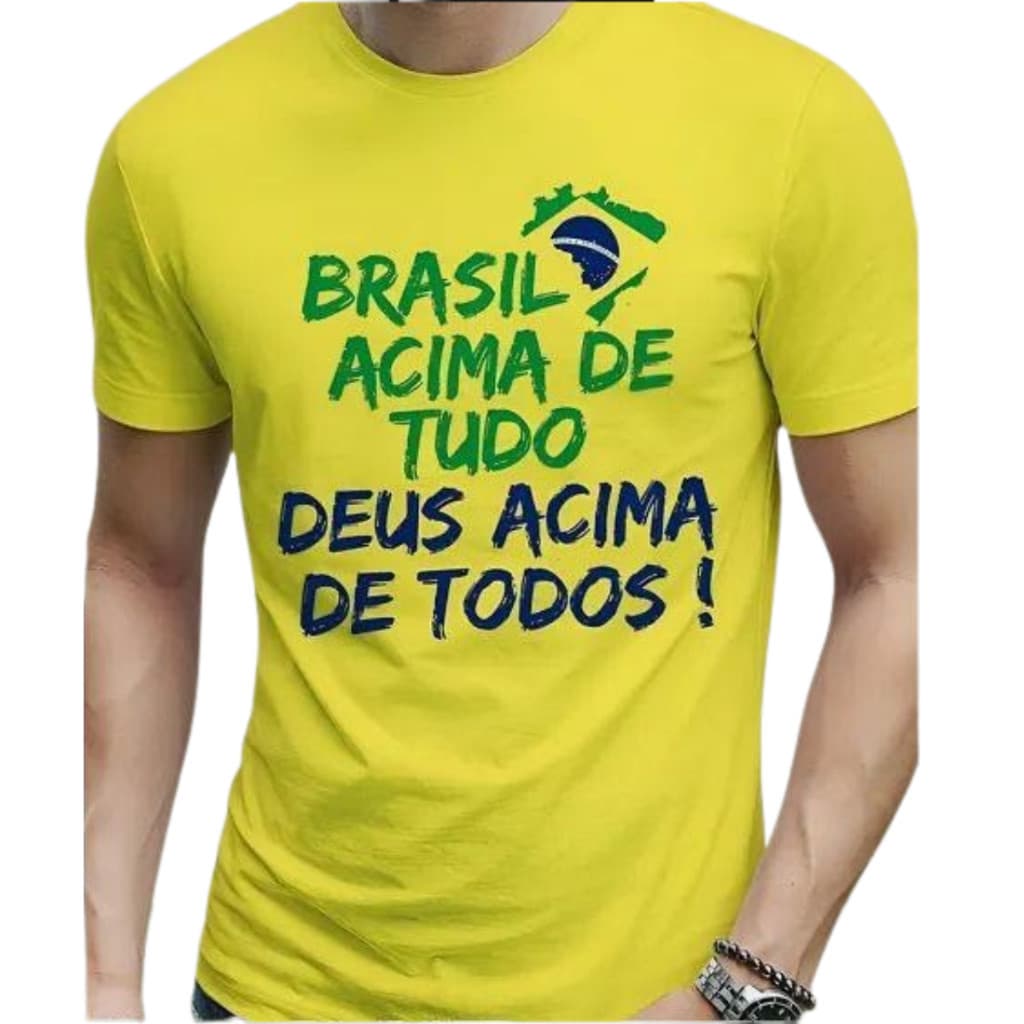 Camisa Brasil Acima De Tudo Militar Masculina Bolsonaro País Pátria Verde e Amarelo Patriota