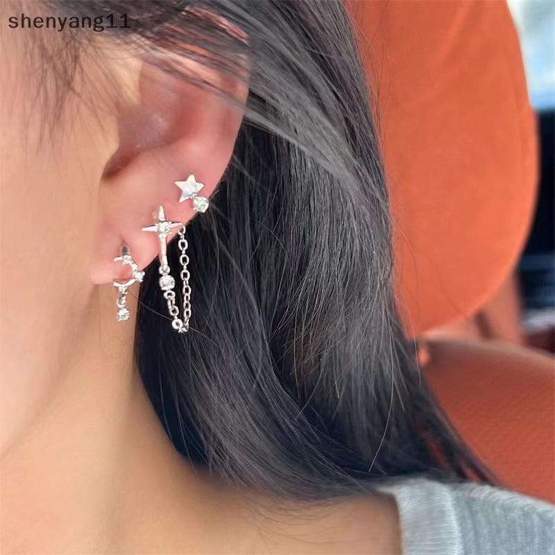 shen 6 Pçs/set Goth Punk Cristal Lua Cruz Estrela Pingente Brincos Para Mulheres Meninas Temperamento Versátil Jóias Ace
