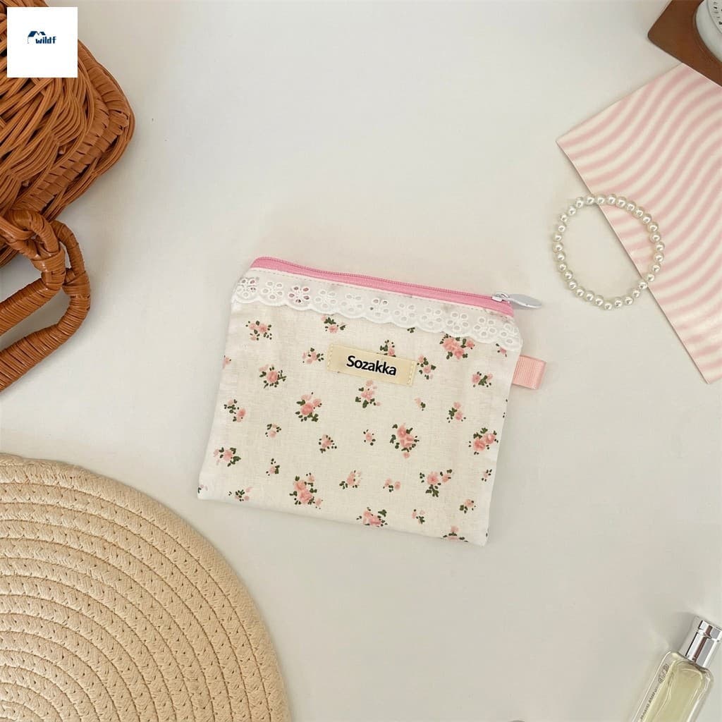 Bolsa Organizadora De Cabos De Renda Floral , Estojo De Armazenamento De Fone De Ouvido , Portátil Com Forro De Algodão