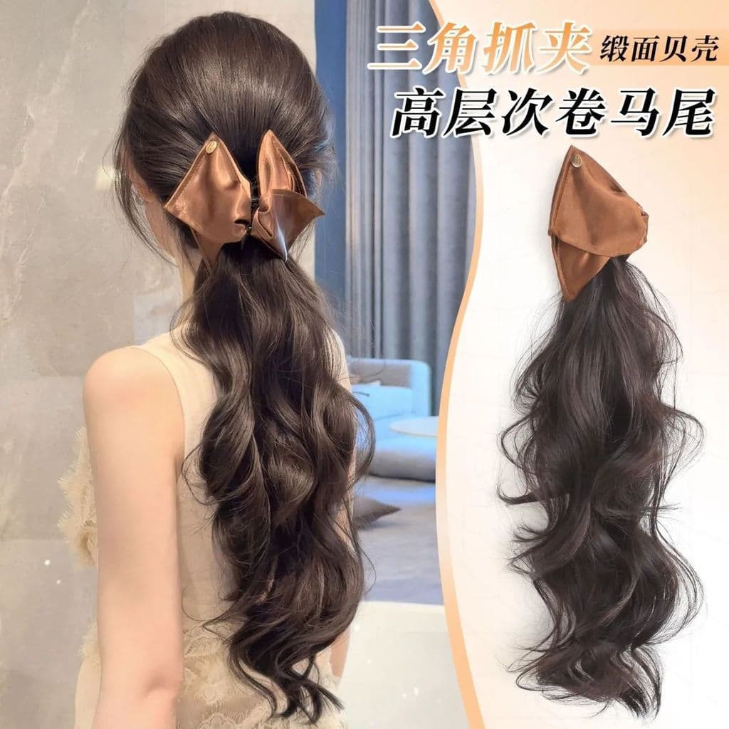 [Estoque pronto] Peruca de rabo de cavalo feminino clipe de concha triangular onda grande falso cabelo longo encaracolad