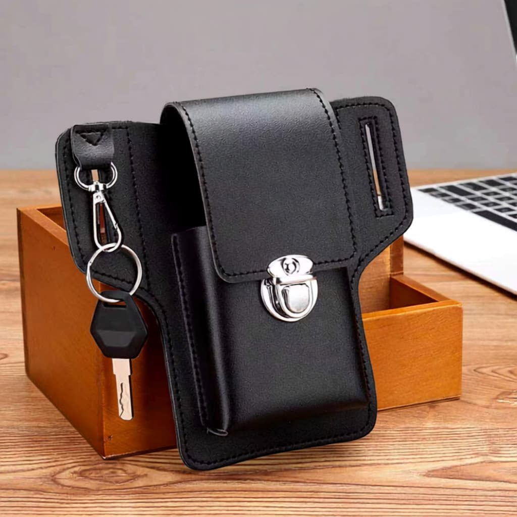 Porta Celular de cinto Masculina Couro Sintético Multiuso com Porta Chaves e Compartimentos