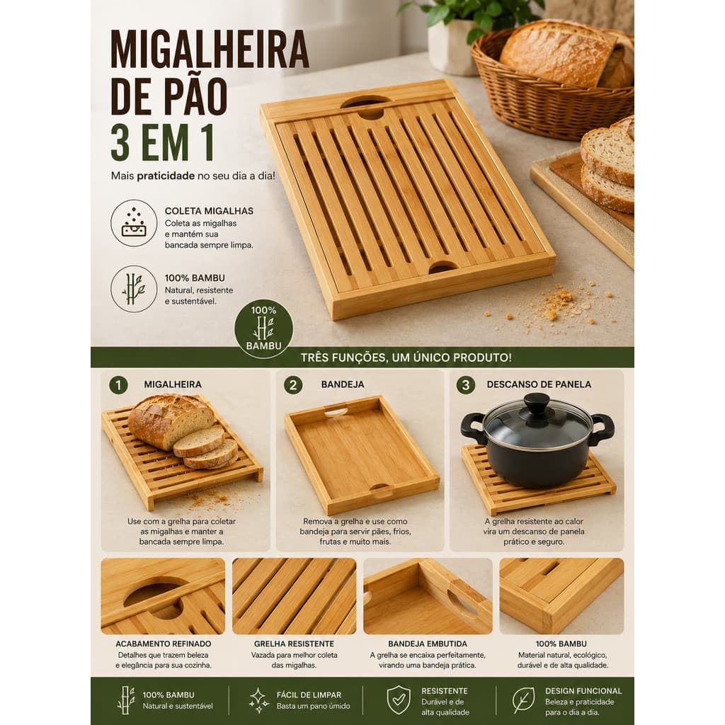 Migalheira de Pão 3 em 1 Bambu | Bandeja de Servir e Descanso de Panela