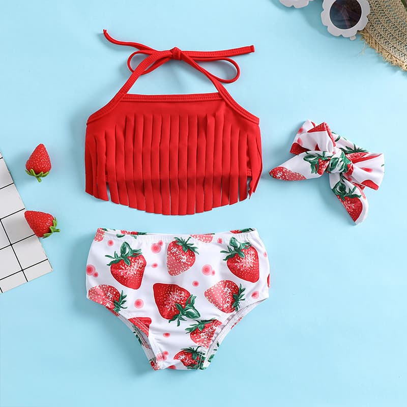 Morango Impressão Crianças Meninas Vermelho Maiô Borla Roupa De Banho Conjunto Biquíni Verão Praia Ao Ar Livre Bebê Beac