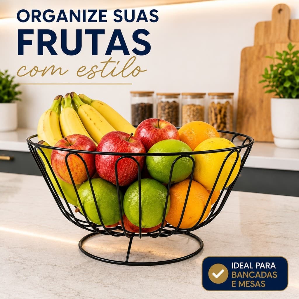 Fruteira De Mesa Aramada Preta Cesto De Frutas Multiuso Para Cozinha Bancada E Mesa