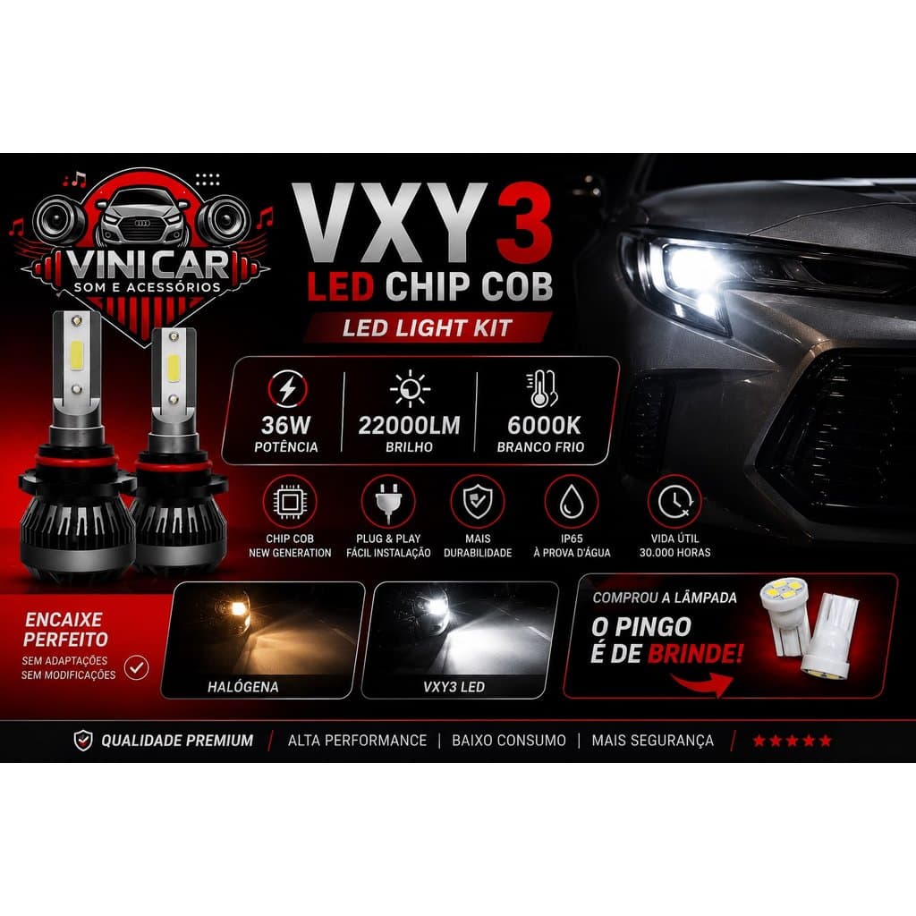 Kit Lâmpadas Super Led Y3 22000 Lúmens + Pingo T10 Carro Caminhão H1 H3 H4 H7 H11 H16 H27 HB3 HB4