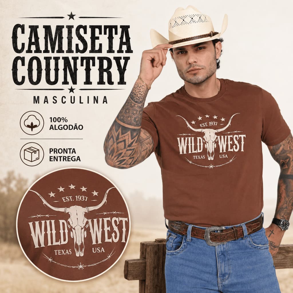 Camiseta Masculina Country Texas Rodeio 100% Algodão Estampada