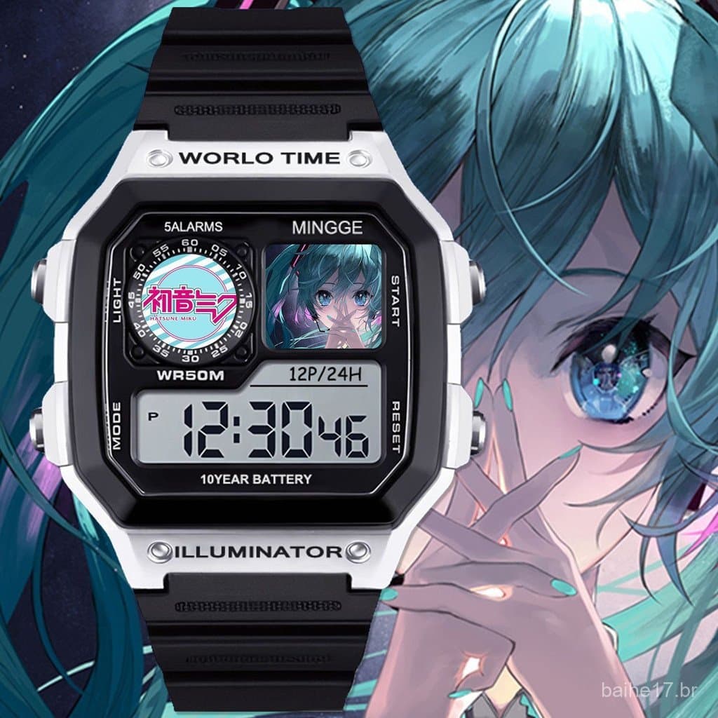Relógio popular Hatsune Miku para estudantes, com tema de anime, unissex, pequeno, quadrado, à prova d'água, eletrônico,