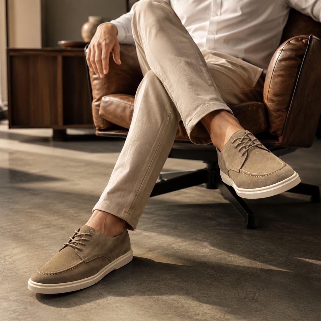 Sapato Masculino Casual Taupe Camurça com Cadarço Sola Branca Confortável para Trabalho Eventos Comercial Casual