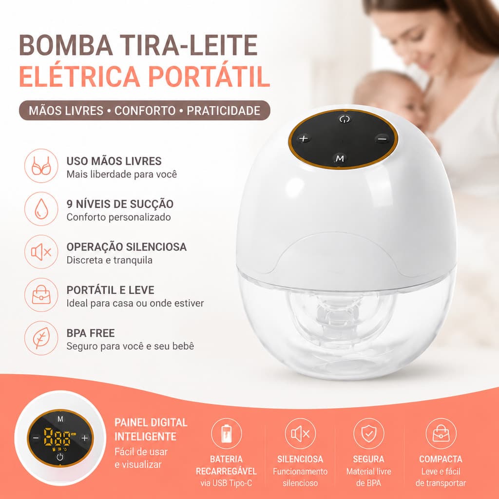 Bomba Tira Leite Elétrica Portátil Sem Dor Mãos Livres Silenciosa Alta Sucção 9 Níveis BPA Free