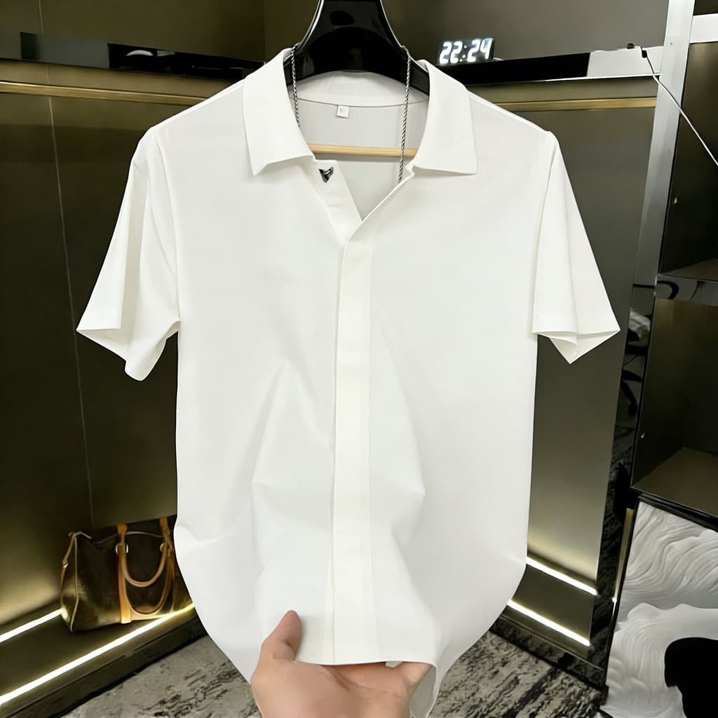 Cross-Border Cutie minimalista de manga curta topo invisível pressionado botão de borracha + textura delicada mais magro