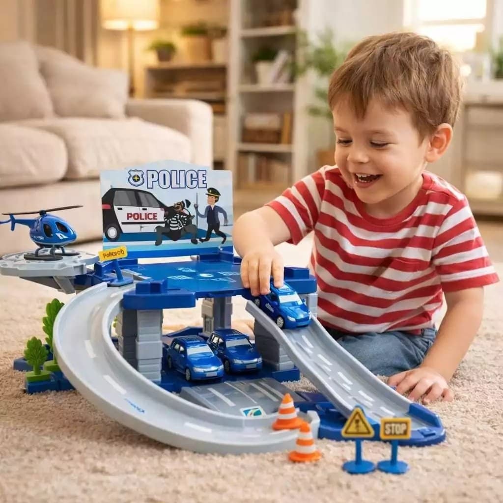 Estação Policial Infantil Brinquedo Veículo Carrinho Helicóptero Presente Menino Azul Branco