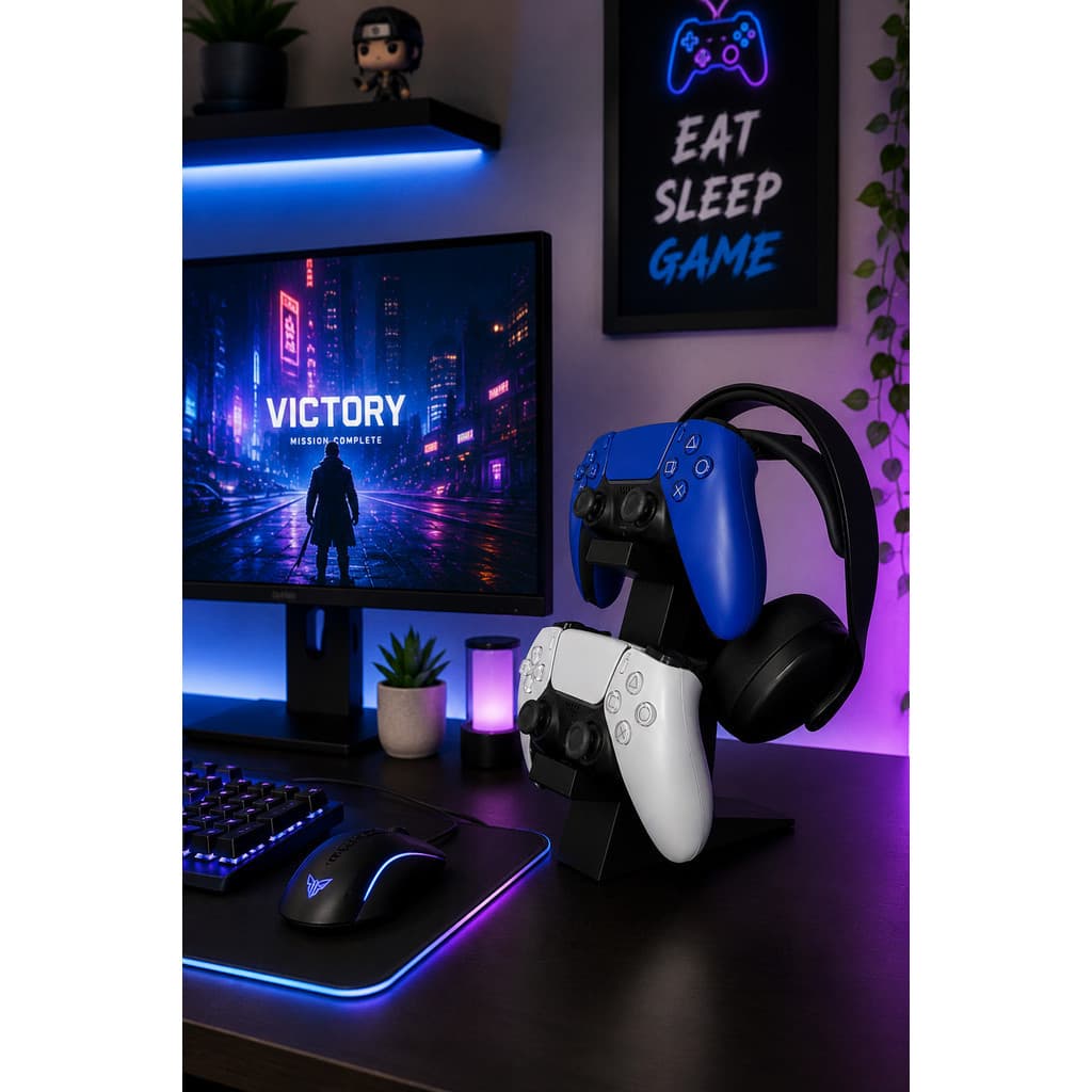 Suporte Gamer para 2 Controles + Headset | Organizador de Mesa Compatível com PS5, PS4, Xbox e PC