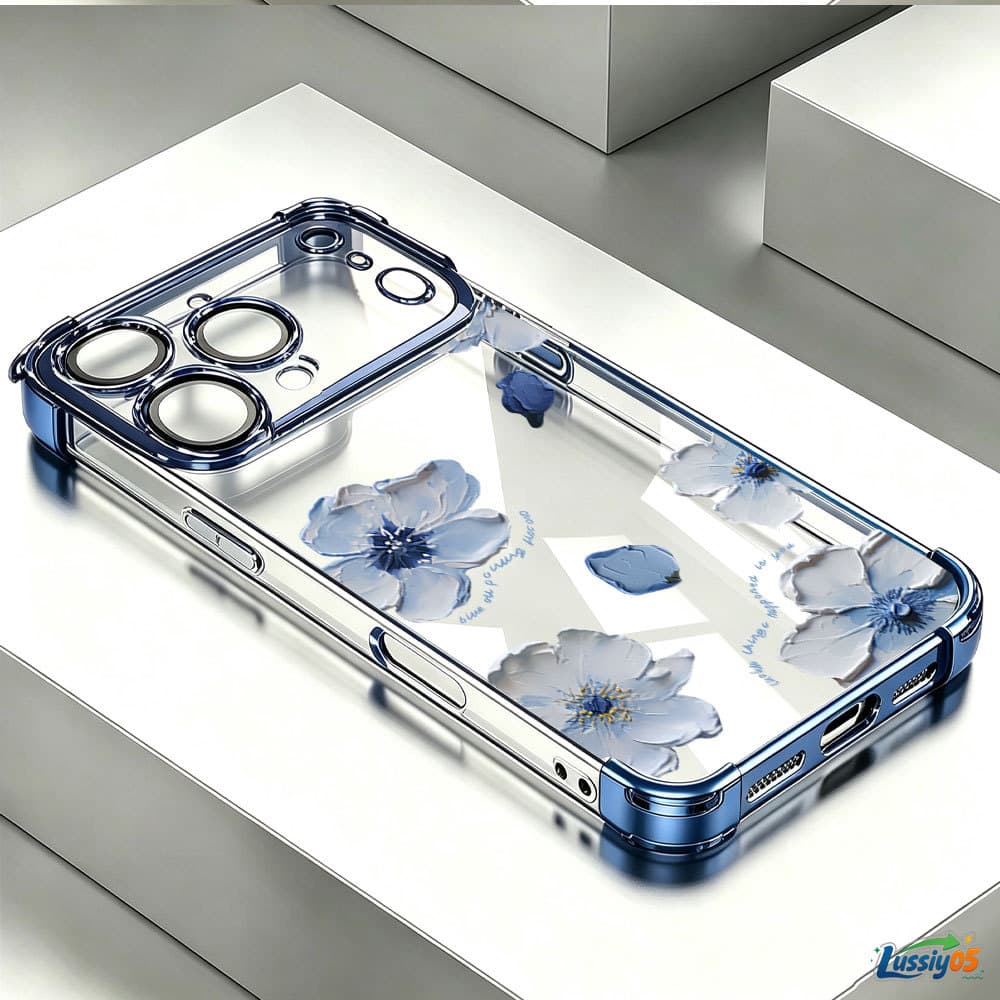 Caso Anti-Queda Galvanizado Pára-Choques Para iPhone 17 Pro Max 16 15 13 12 14 Plus Ar Pintura A Óleo Flor Capa Lussy05