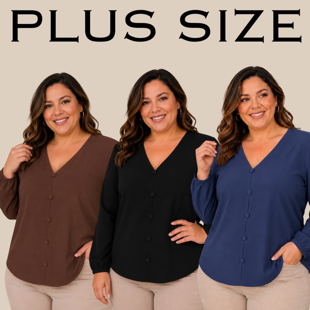 Blusa Plus Size Feminina Manga Longa Fashion Botões Encapados Tamanho Grande M ao G3