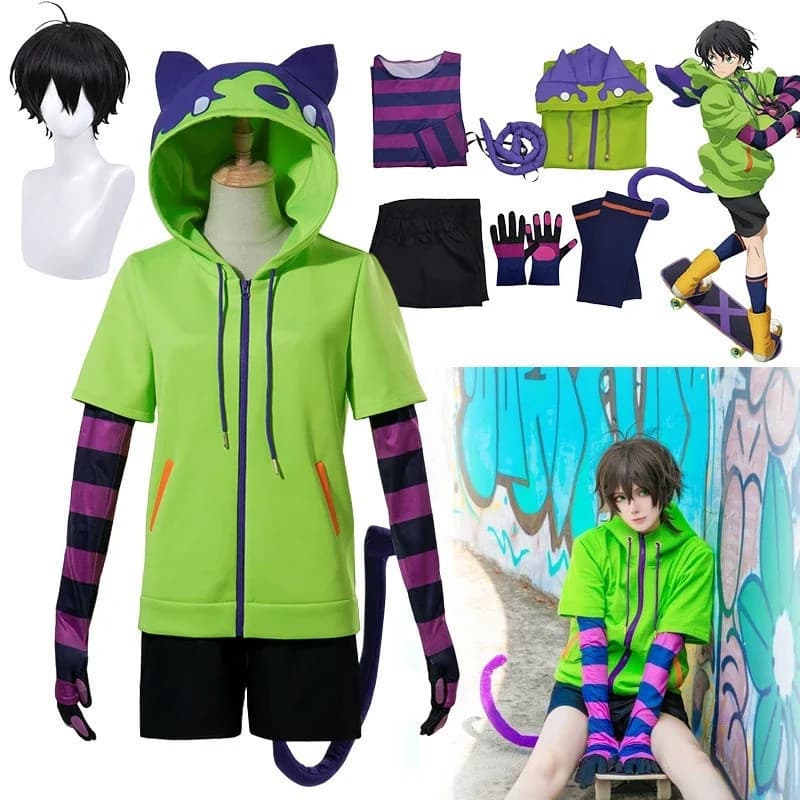 Fantasia de Cosplay ORQL Anime Chinen Miya SK8 The Infinity, Uniforme Esportivo com Capuz, Luvas com Cauda e Peruca para