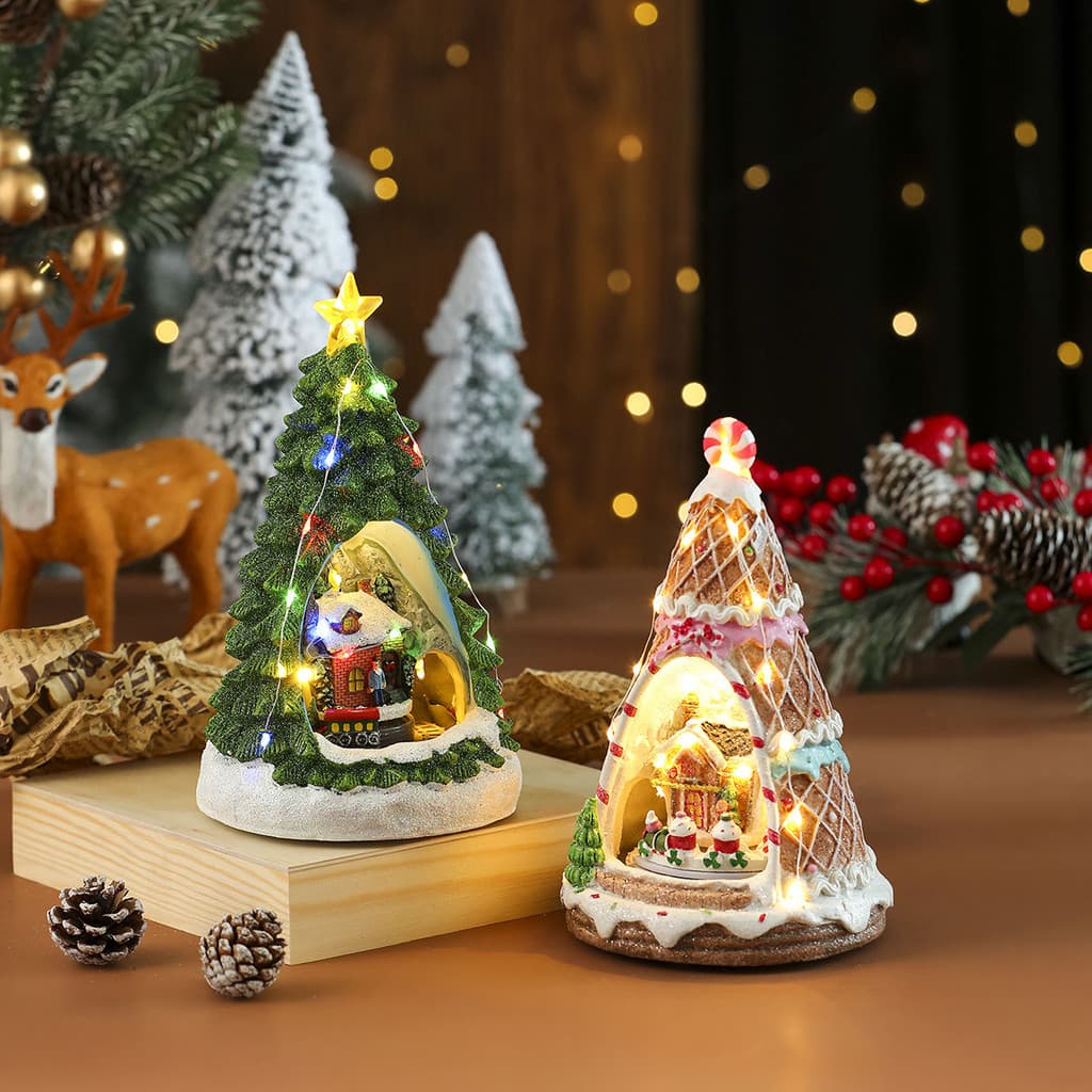 [Perfeito para Crianças] A variety of Christmas rotating resin luminous music box ornaments miniature scene rotating tra