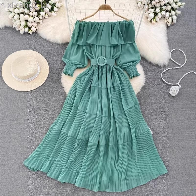 Vestido De Festa De Verão Chiffon Sólido Elegante Vestidos Rufos Pregueados Moda Francesa Oferta De Ombro Slim Cinto De
