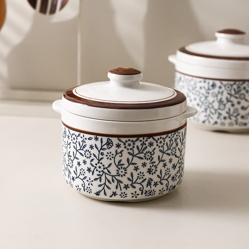 Panela de cerâmica esmaltada com duas alças, estilo japonês, com tampa, separadora de água, panela de barro para uso dom
