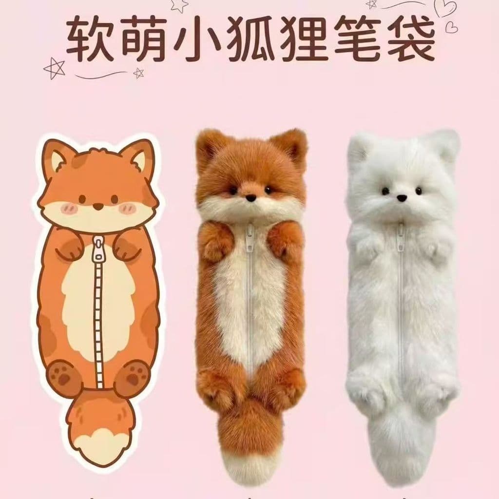 Estojo de Pelúcia Kawaii em Formato de Raposa para Lápis e Papelaria