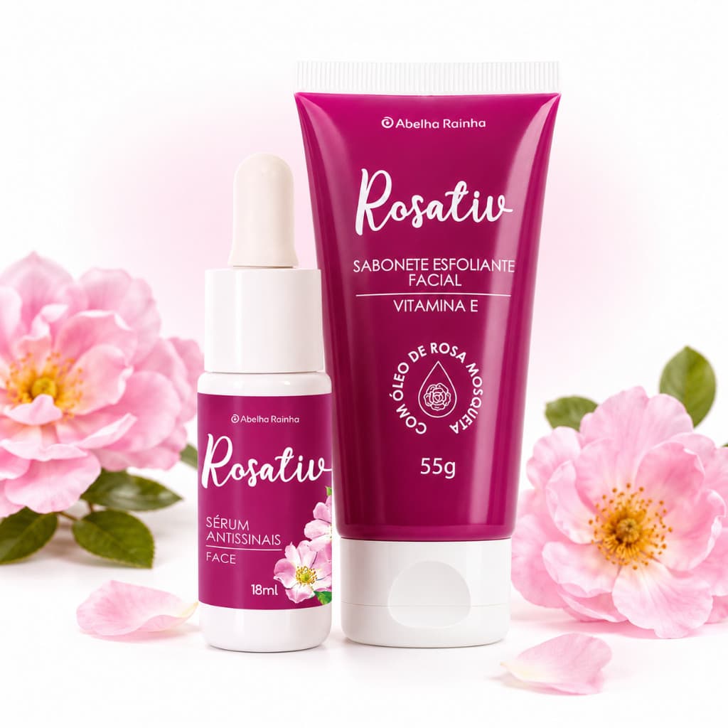 Kit Facial Rosativ com Sérum Antissinais e Sabonete Esfoliante Vitamina E para Rotina de Skincare Abelha Rainha