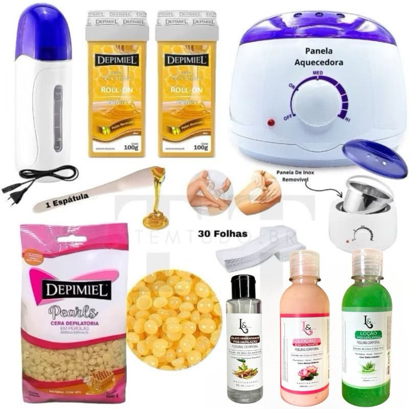 Kit Depilação Completo Panela Aquecedora de Cera 500g + Aquecedor Roll On Bivolt + Cera + Lenços + Óleo