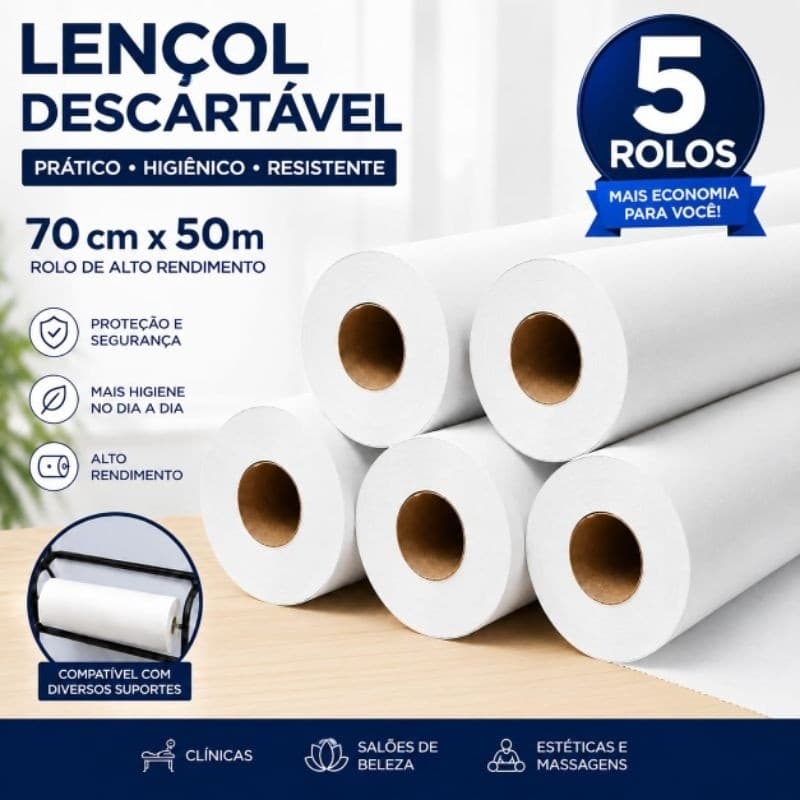 Kit 5 Lençóis Descartáveis para Maca 70cm x 50m Papel Branco Clínicas Estética Massagem Alto Rendimento37