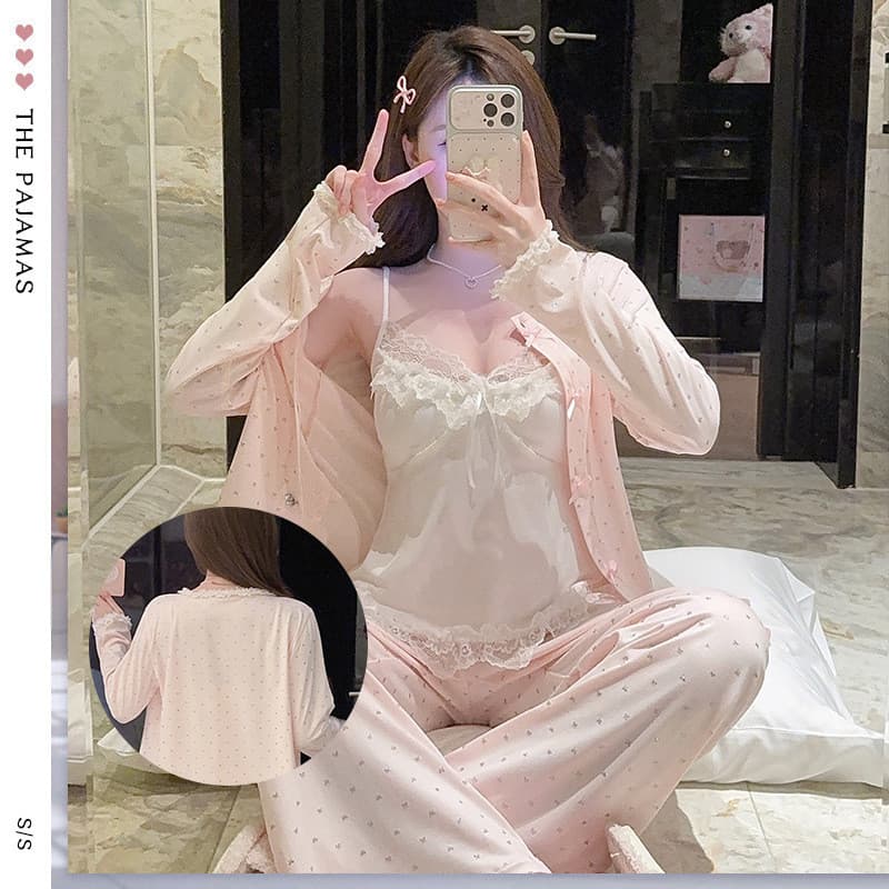 2026 primavera verão renda arco pijamas feminino de três peças Casual Loungewear doce puro desejo estilo P1SS