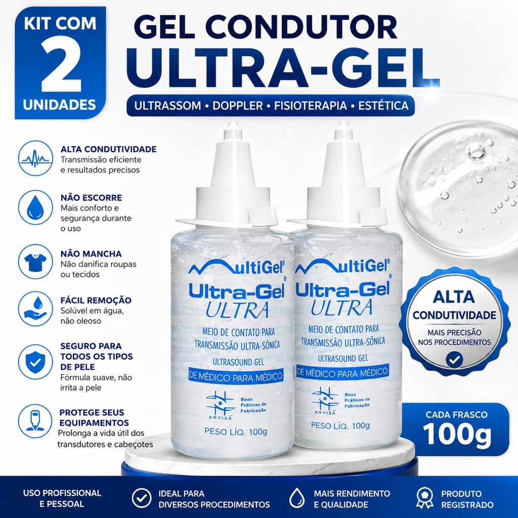 Kit 2 Gel Condutor Ultrassom 100g Multigel Ultra | Fisioterapia, Estética, Doppler, ECG, TENS/FES | Alta Condutividade