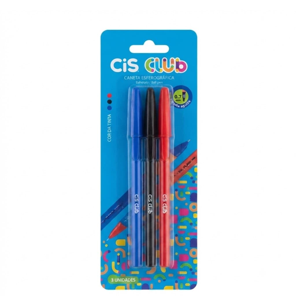Caneta Esferográfica  0.7mm  3  Azul Vermelho Preto Cis Club