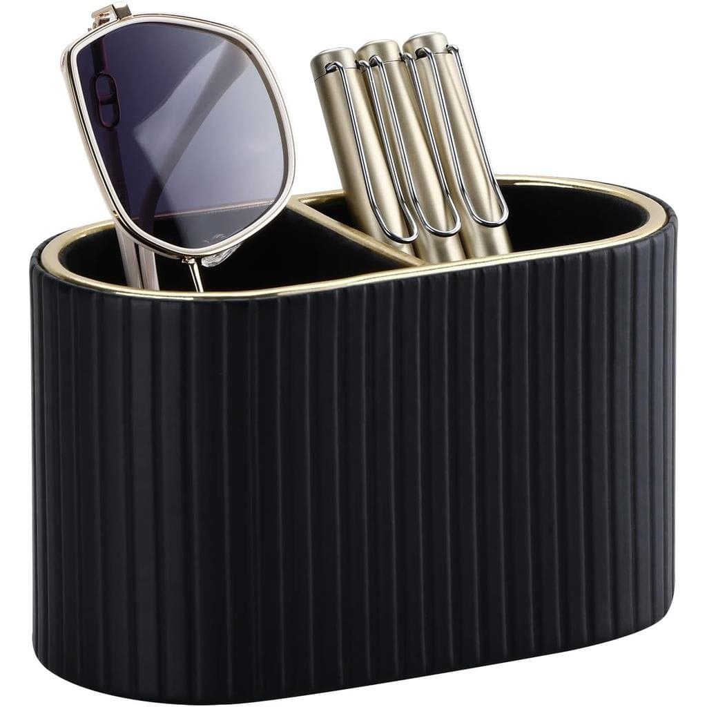 Organizador de Mesa em Couro PU KINGFOM – Porta-Canetas com Compartimento Duplo, Elegante Porta-Lápis, Suporte para Cont